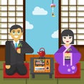 Geisha and samurai with tea cup tea ceremony Royalty Free Stock Photo