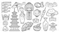 Geisha, sushi, onigiri, ramen, fan and umbrella. Popular japanese symbols. Outline vector illustration. Hand-drawn