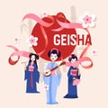 Geisha vector Japanese beautiful young woman in fashion kimono in Japan illustration backdrop set of asian oriental