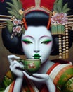 Geisha wear traditional silk japanese kimono, make up and hairstyle, sip tea from a cup in ceremony
