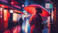 Geisha woman in red with umbrella on a wet Japanese street watercolor Royalty Free Stock Photo