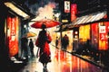 Geisha woman in red with umbrella on a wet Japanese street watercolor Royalty Free Stock Photo