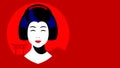 Geisha. Young pretty geisha in kimono and traditional hairstyle with kanzashi. Silhouette of Torii and a Mountain on a red