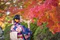 Geishas girl wearing Japanese kimono among red wooden Tori Gate at Fushimi Inari Shrine in Kyoto, Kimono is a Japanese traditional Royalty Free Stock Photo