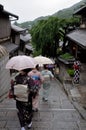 Geishas walking with umbrella in the rain