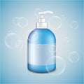 Gel, Foam, Shampoo Or Liquid Soap Dispenser Pump Plastic Bottle Blue. Bubbles Royalty Free Stock Photo