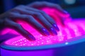 Gel manicure process under UV light highlighting a hand with vibrant polish in a salon setting Royalty Free Stock Photo