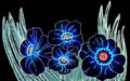 Gel pen drawing of four blue flowers 