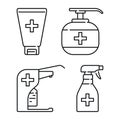 Gel and spray to cleaning and disinfection virus, disinfectant solution. Set icons in flat style.