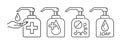 Gel to cleaning and disinfection virus, disinfectant solution. Set icons in flat style.
