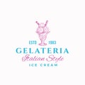 Gelateria Premium Quality Sweets Abstract Sign, Symbol or Logo Template. Hand Drawn Ice Cream and Typography. Italian