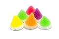 Gelatin bright jellies candy colorful Cone design, gelatin jelly sweets, gummy sugary tasty. Soft gums viewed from above.