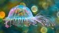 A gelatinous bellshaped organism with iridescent colors and long hairlike appendages floating gracefully in a drop of Royalty Free Stock Photo