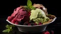 Gelato Ice Cream: A Delightful Assortment of Creamy Pistachio, Rich Dark Chocolate, and Tangy Raspberry Flavors, Artisanal Gelato Royalty Free Stock Photo