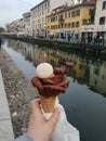 Gelato ice cream at amorino gelateria with chocolate reindeer for Christmas winter in navigli milan milano italia italy