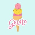 Gelato logo with lettering. Cute Italian frozen fruit dessert in cone with chocolate crumble. Royalty Free Stock Photo