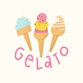 Gelato logo with lettering. Cute Italian frozen fruit dessert set in cones.