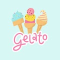 Gelato logo with lettering. Cute Italian frozen fruit dessert set in cones. Royalty Free Stock Photo