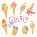 Gelato set with lettering. Cute Italian frozen fruit dessert in cone or cup. Royalty Free Stock Photo