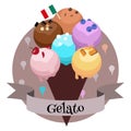 Gelato traditional Italian ice cream. Colorful illustration in cartoon style