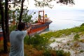 GELENDZHIK, RUSSIA. Rio ship stranded after a storm in the Black Sea. View from above