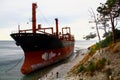 GELENDZHIK, RUSSIA. Rio ship stranded after a storm in the Black Sea. View from above