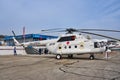 Russian medical helicopter Mi-8AMT is demonstrated at the exhibition area on the Black Sea coast in the parking.