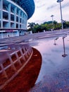 Gelora Bung Karno, Tanah Abang, South Jakarta, March 3, 2021: The reflection of the Gelora Bung Karno building occurs in the water