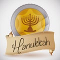 Gelt with Hanukkah Message in Scroll, Vector Illustration