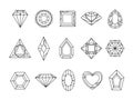 Gem, diamond, crystal and jewel stone shapes line icons. Outline emerald, carat, sapphire and ruby. Linear luxury