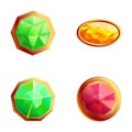 Gem icons set cartoon vector. Different shape and color precious stone