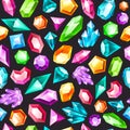 Gem seamless pattern. Gemstones amethyst, topaz and quartz. Diamonds and ruby, sapphire, crystal and emerald, jewels Royalty Free Stock Photo