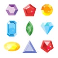 Gem set. Icon gem. Ruby, emerald, sapphire, diamond, brilliant, aquamarine different shapes, isolated on the white