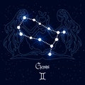 Gemini, constellation and zodiac sign on the background of the cosmic universe. Blue and white design. Illustration Royalty Free Stock Photo
