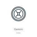 Gemini icon. Thin linear gemini outline icon isolated on white background from zodiac collection. Line vector sign, symbol for web Royalty Free Stock Photo