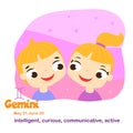 Gemini. Kids zodiac. Children horoscope sign. Astrological symbols in cartoon style Royalty Free Stock Photo