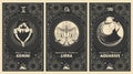 Gemini, Libra, Aquarius zodiac signs, air element, set of mystical astrology cards, horoscope banner with women on black Royalty Free Stock Photo