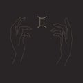 Gemini sign and magic hands in outline style isolated on black background. Hands hold zodiac symbol. Astrological or