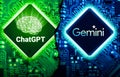 Gemini Vs ChatGPT Artificial Intelligence Editorial Competition concept with glowing chips in blue and green colors.