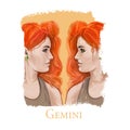 Gemini woman isolated digital art illustration. Horoscope sign, two red haired fashionable woman looking on each other Royalty Free Stock Photo