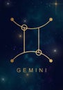 Gemini zodiac constellations sign on beautiful starry sky with galaxy and space behind. Gold Gemini horoscope symbol constellation Royalty Free Stock Photo