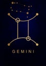 Gemini zodiac constellations sign. Gold Gemini horoscope symbol constellation on deep blue background Royalty Free Stock Photo