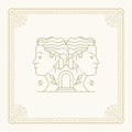 Gemini zodiac line art deco antique card vintage golden frame design vector illustration