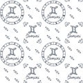Gemini zodiac seamless pattern with astrological symbol constellation wheel and star elements in hand drawn line style isolated on Royalty Free Stock Photo