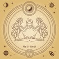 Gemini Zodiac sign, astrological horoscope sign. Outline drawing in a decorative circle with mystical astronomical symbols.