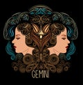 Gemini Zodiac sign beautiful girls hand drawn art. Royalty Free Stock Photo