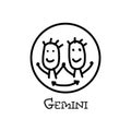 Gemini zodiac sign in circular frame. Contour icon