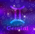 Gemini Zodiac sign on a cosmic purple background with sparkling stars and nebula Royalty Free Stock Photo