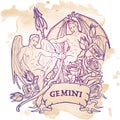 Gemini Zodiac sign with a decorative frame of roses. Sketch isolated on grunge Royalty Free Stock Photo