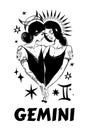 Gemini zodiac sign mystical engraving, modern tattoo, astrology card, horoscope calendar. Two girls hugging, witches Royalty Free Stock Photo